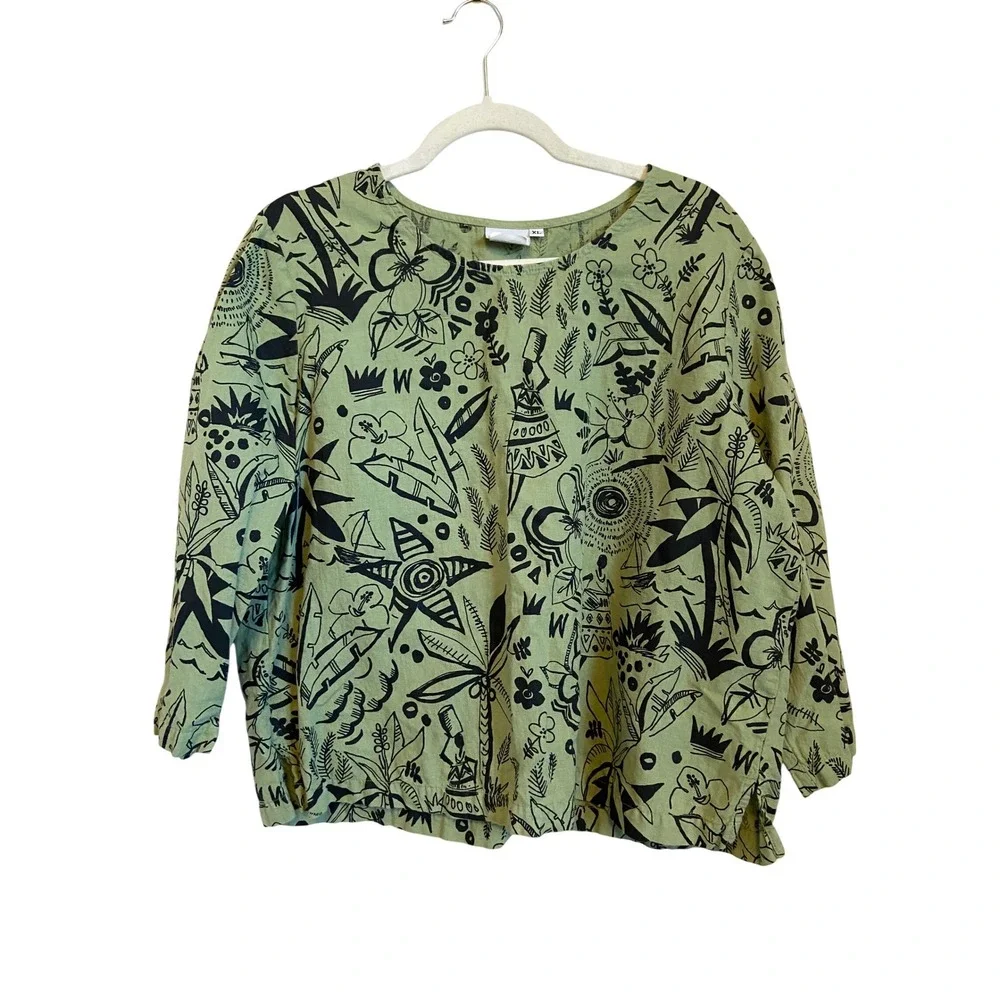 Hot Cotton Linen Cotton Blend Abstract Print Round Neck Top XL - Picture 1 of 6